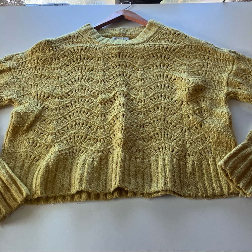 American Eagle Yellow Green Pointelle Cropped Knit Sweater Women XS